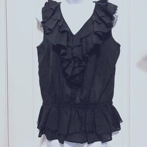 Ashe Wood Women's Black Cotton Pull Over Blouse-V Neck-Distressed Ruffles Layers